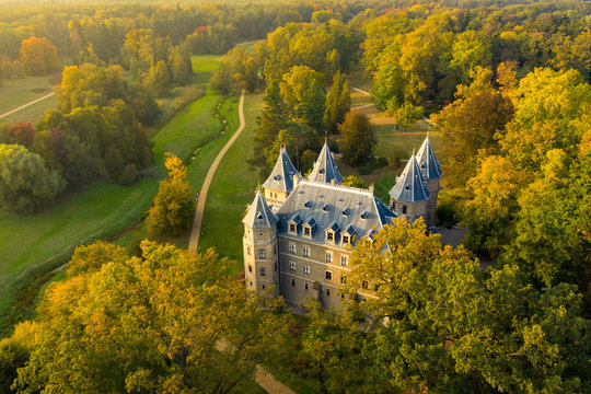 Aerial view on Goluchow Castle in greater poland, Poland.