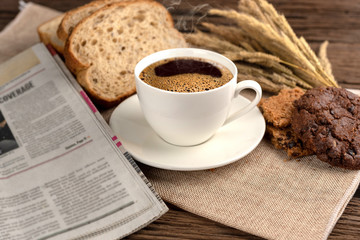 Hot coffee cup and breakfast
