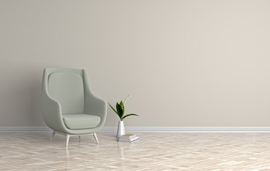 Modern interior with soft green chair and flowers and books. 3D illustration.
