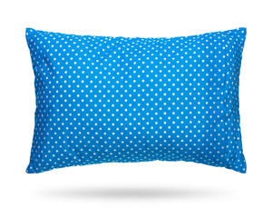 Blank pillow isolated on white background. Blue cushion in polka dots pattern concept. Clipping...