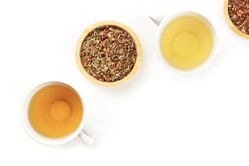 An overhead photo of tea, on a white background with copy space