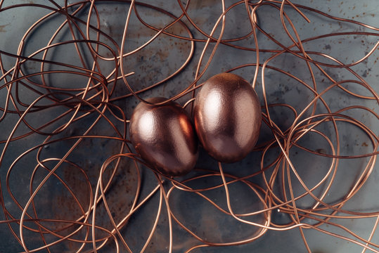 Two copper eggs in a wire nest