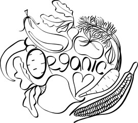 Beautiful black&white graphic Scandinavian pattern of organic vegetables: potato, tomato, beetroot, shallot, eggplant, corn, carrot vector hand illustration. Perfect for greetings card, textile, menu
