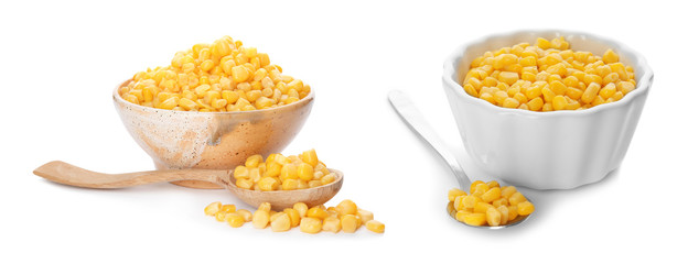 Set with sweet corn kernels on white background