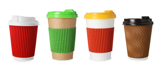 Set with blank paper coffee cups on white background. Mockup for design