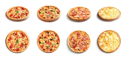 Foto op Canvas Set with different delicious pizzas on white background © New Africa