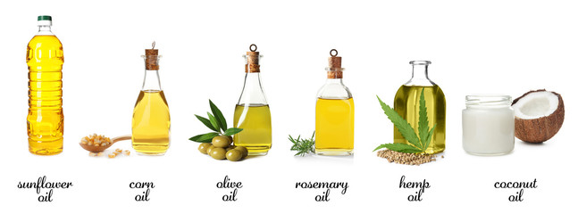 Set with bottles of different oils on white background