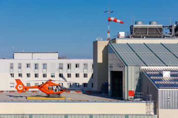 rescue helicopter at station on standby, waiting for operation