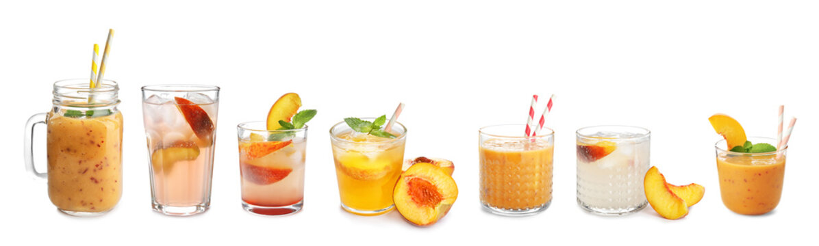 Set with different delicious peach drinks on white background