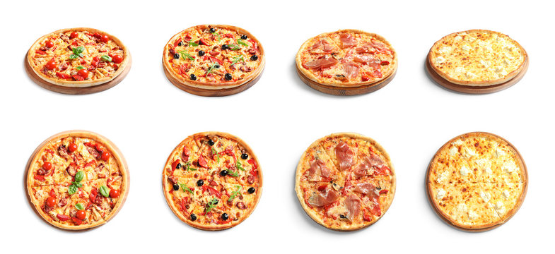 Set with different delicious pizzas on white background