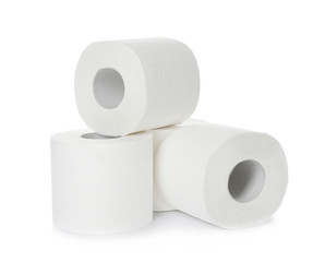 Rolls of toilet paper on white background