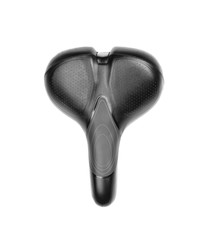 Black leather bicycle saddle on white background
