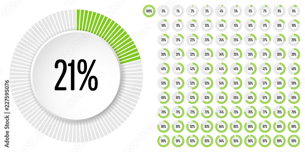Poster set of circle percentage diagrams from 0 to 100 ready-to-use for web design, user interface (ui) or 