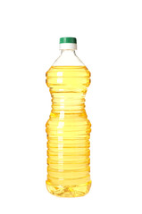 Plastic bottle of oil on white background