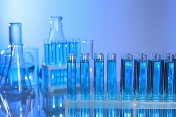 Holder with test tubes in laboratory. Chemical analysis