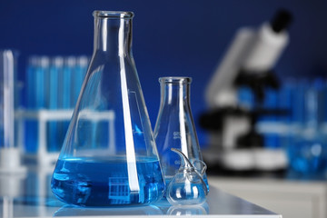 Laboratory glassware on table indoors. Chemical analysis
