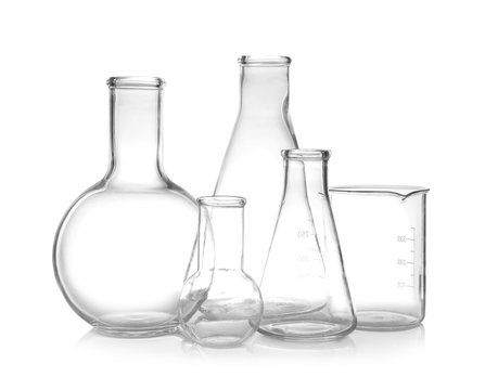 Empty laboratory glassware on table. Chemical analysis