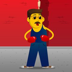 Yellow man holding his fists in front of him ready to fight wearing boxing gloves. Vector cartoon illustration.