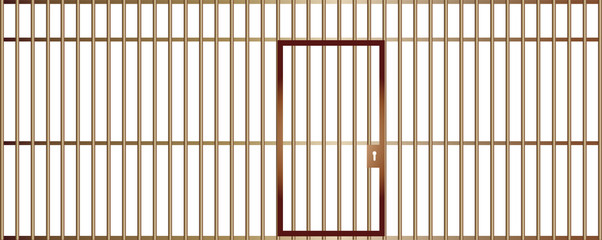 A front view of the bars of a jail cell with iron bars and a door on an isolated background vector eps 10