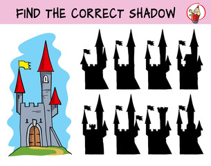 Medieval castle. Find the correct shadow. Educational matching game for children. Cartoon vector illustration