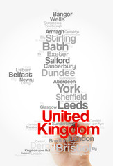 List of cities and towns in UNITED KINGDOM, map word cloud collage with marker, business and travel concept background