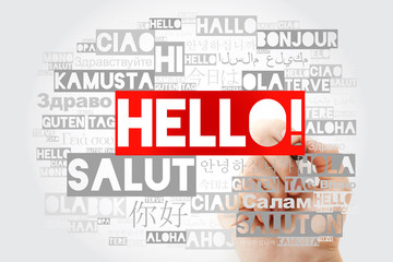 Hello word cloud with marker in different languages of the world, background concept