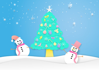 paper cut two snow man and christmas tree on blue background,merry christmas,happy new year.