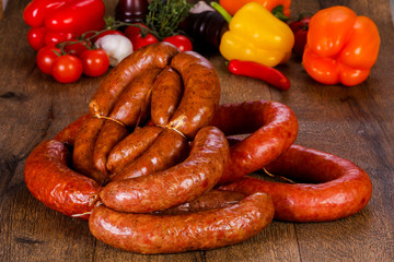 Pork sausages over wooden