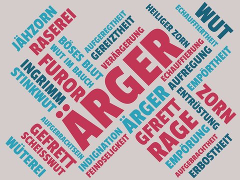 Das Wort - Ärger - abgebildet in einer Wortwolke mit zusammenhängenden Wörtern