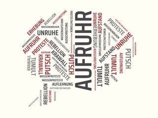 Das Wort - Aufruhr - abgebildet in einer Wortwolke mit zusammenhängenden Wörtern