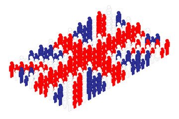 Isometric family parent and kid icon pictogram in row, United Kingdom national flag shape concept design illustration isolated on white background, Editable stroke