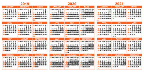 Calendar 2019; 2020; 2021 years. Two colors vector set. Week starts on Sunday.