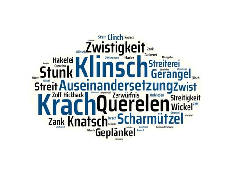 Das Wort - Auseinandersetzung - abgebildet in einer Wortwolke mit zusammenh&auml;ngenden W&ouml;rtern