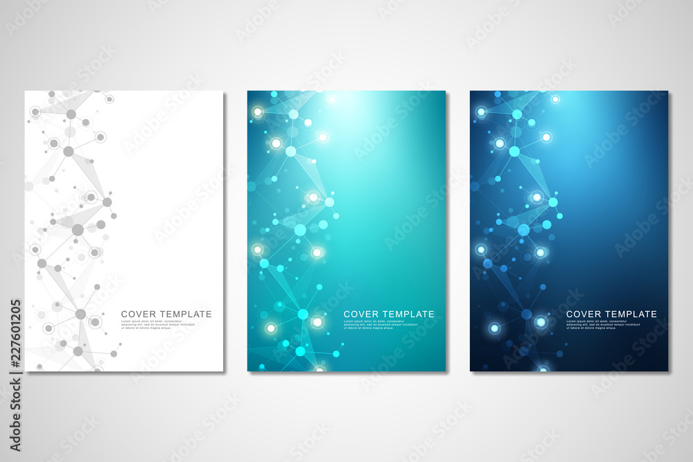 Poster vector template for brochure or cover with molecular structure background and connected lines and do
