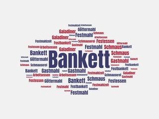 Das Wort - Bankett - abgebildet in einer Wortwolke mit zusammenhängenden Wörtern