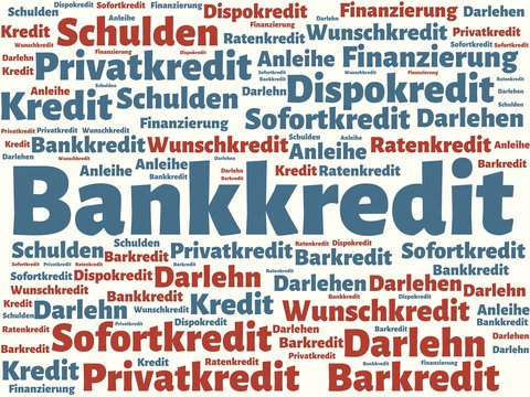 Das Wort - Bankkredit - abgebildet in einer Wortwolke mit zusammenhängenden Wörtern