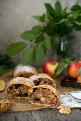 Apple classic strudel on a wooden table