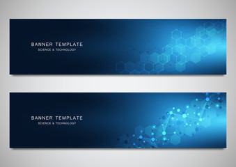 Scientific and technological vector banners. Abstract background with molecular structures.