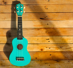 Photo shot of guitar, ukulele on wooden background. Music card, picture, poster.