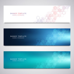 Vector banners for science and digital technology. Geometric abstract background with hexagons design. Molecular structure and chemical compounds.
