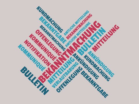 Das Wort - Bekanntmachung - abgebildet in einer Wortwolke mit zusammenh&auml;ngenden W&ouml;rtern