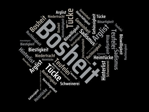 Das Wort - Bosheit - abgebildet in einer Wortwolke mit zusammenhängenden Wörtern