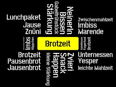 Das Wort - Brotzeit - abgebildet in einer Wortwolke mit zusammenhängenden Wörtern