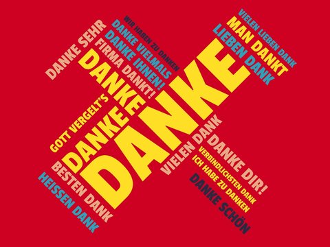 Das Wort - Danke - abgebildet in einer Wortwolke mit zusammenh&auml;ngenden W&ouml;rtern
