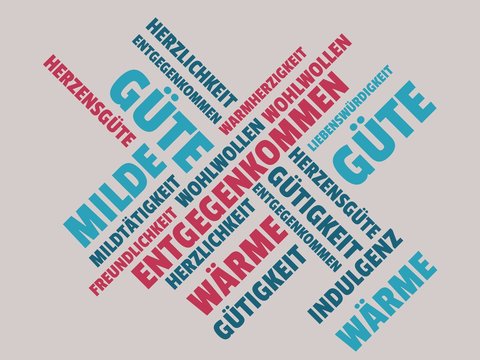 Das Wort - Entgegenkommen - abgebildet in einer Wortwolke mit zusammenh&auml;ngenden W&ouml;rtern