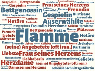 Das Wort - Flamme - abgebildet in einer Wortwolke mit zusammenhängenden Wörtern