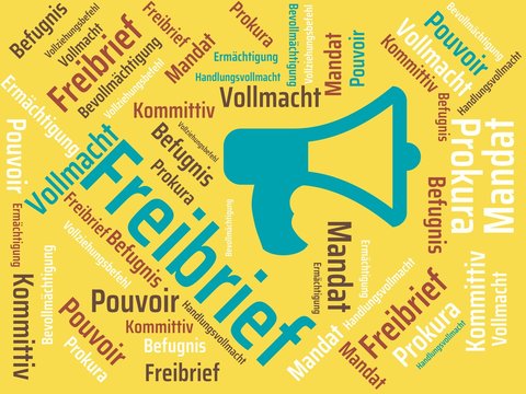 Das Wort - Freibrief - abgebildet in einer Wortwolke mit zusammenh&auml;ngenden W&ouml;rtern