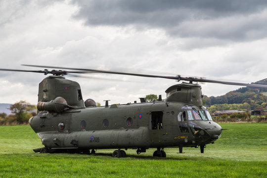 An Royal Air Force CH-47-HC.6A Chinook helicopter powers up to return to base after a bird strike during low level flying...Seen from the roadside near Bamford in the Peak District on 11 October 2018.