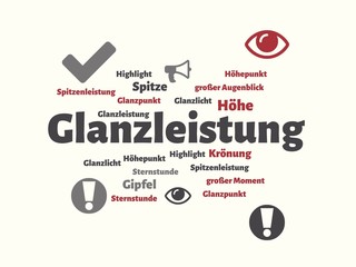 Das Wort - Glanzleistung - abgebildet in einer Wortwolke mit zusammenhängenden Wörtern