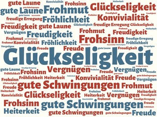 Das Wort - Glückseligkeit - abgebildet in einer Wortwolke mit zusammenhängenden Wörtern